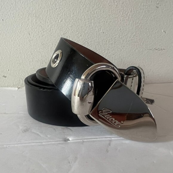 VINTAGE UNISEX GUCCI BLACK SILVER PATENT LEATHER BUCKLE BELT 100 CM / 40 main image 5